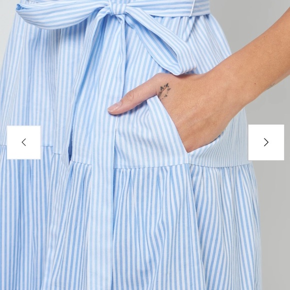 English Factory Puff Sleeve Round Neckline Midi Stripes Tiered Blue Dress Size S - Picture 6 of 15